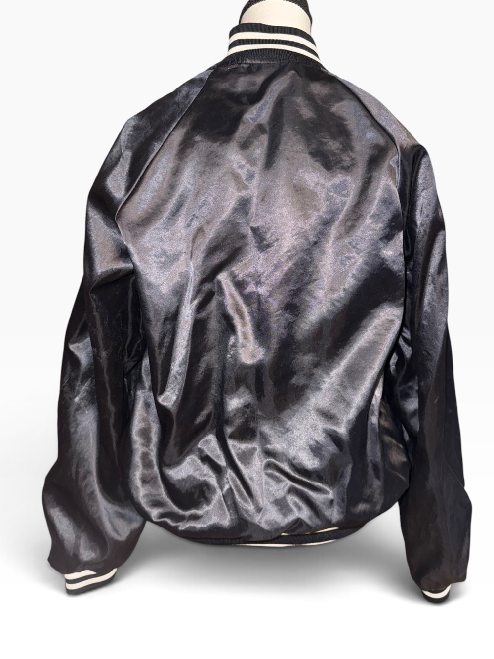 Vintage 90s Hartwell Sports Black Satin Bomber Jacket Varsity Blank Snap USA - Picture 3 of 4